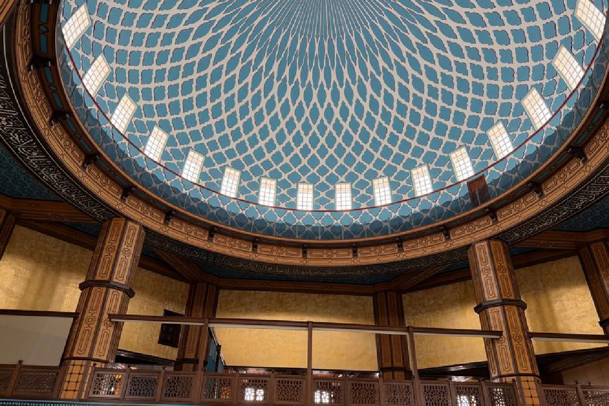 Stunning blue geometric dome ceiling in a traditional architectural space.