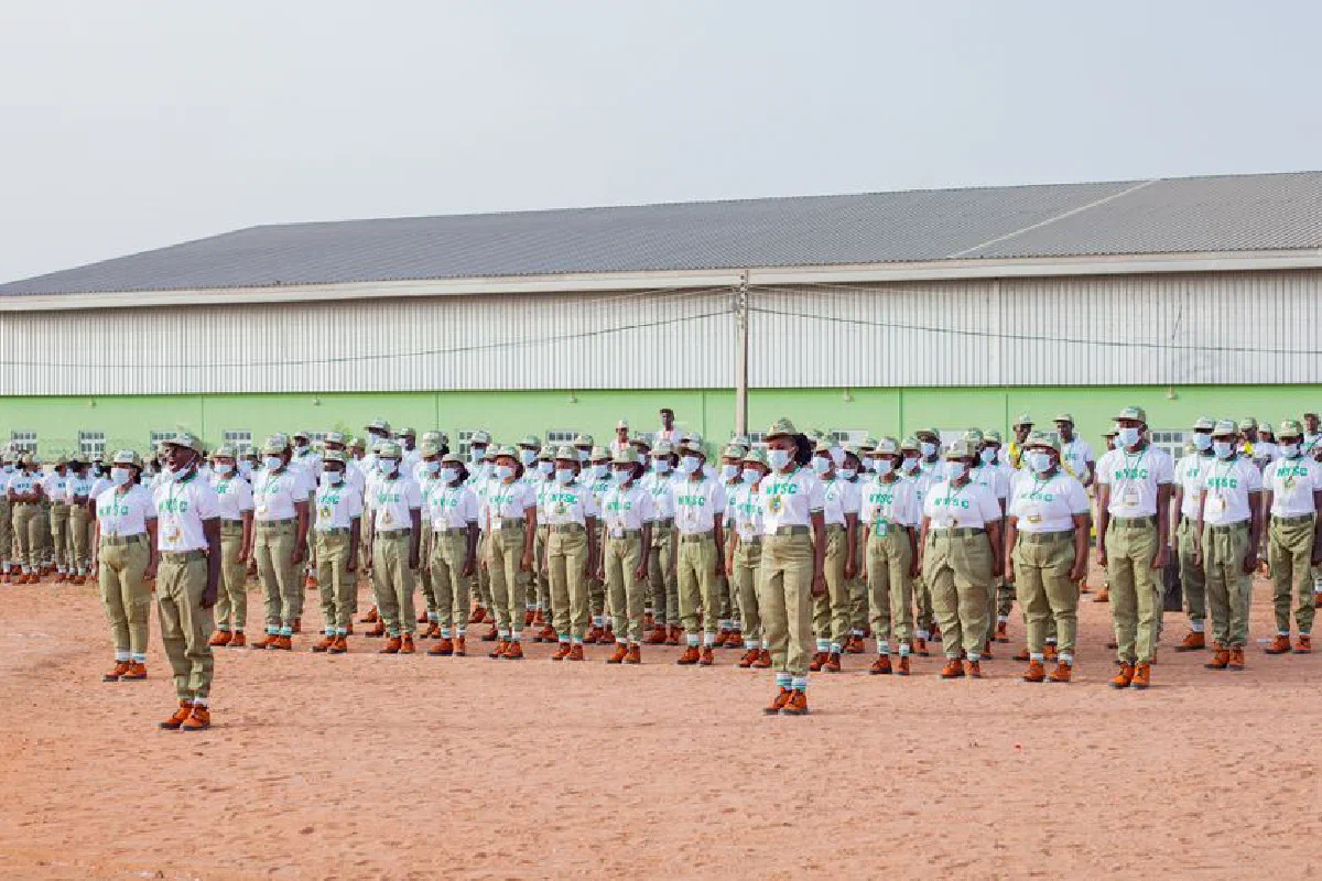A large group of uniformed individuals standing in formation outdoors, illustrating discipline and unity.