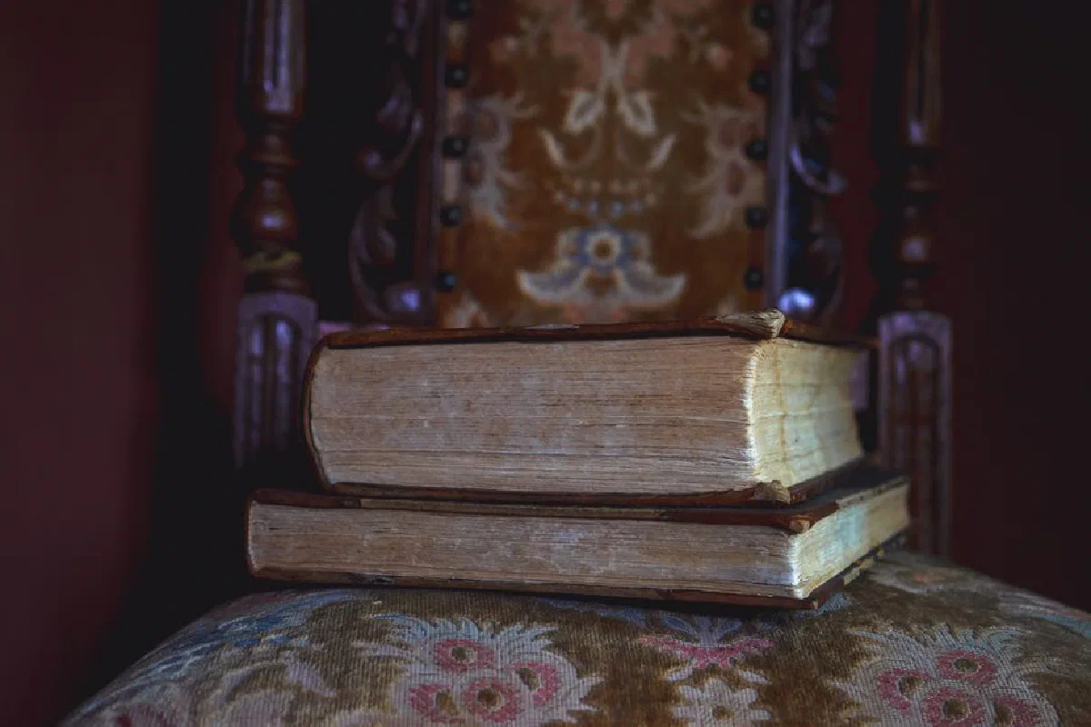 Close-up of old books stacked on an antique chair with ornate fabric and wooden details.