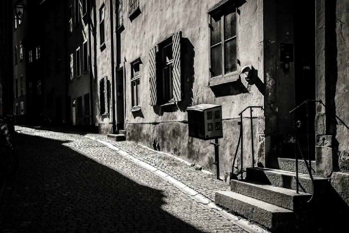 Discover the charm of a vintage alley showcasing shadowed cobblestone streets and classic architecture.