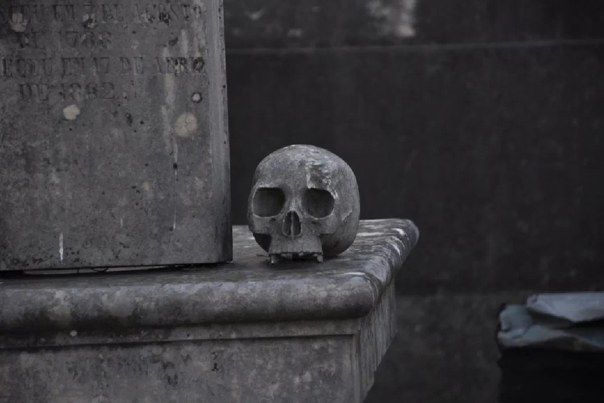 Monochrome image of a skull on a gravestone in a haunting cemetery setting.