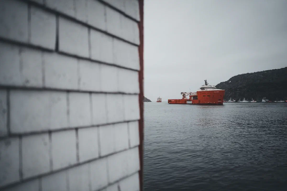 Red ship on Newfoundland bay with rugged coastline and overcast sky.