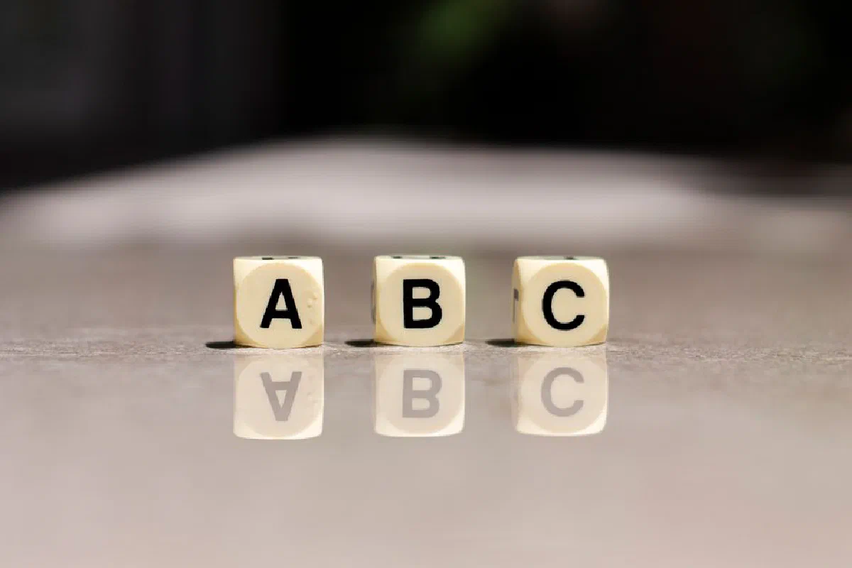 Close-up of alphabet dice spelling 'A', 'B', and 'C' with reflections on a smooth surface.