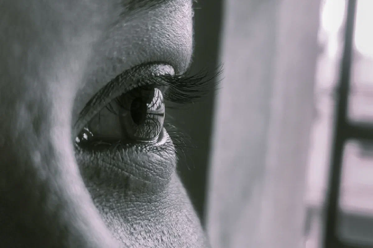 Detailed close-up of a human eye showcasing eyelashes and skin texture.