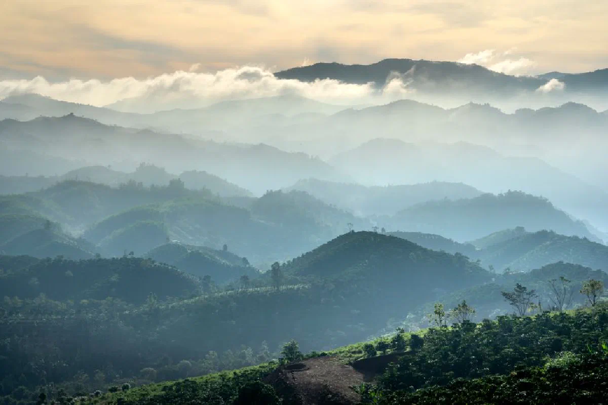 Breathtaking view of mountains covered in morning mist under a vibrant sunrise.