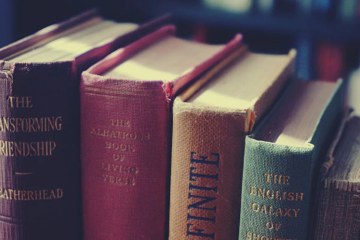 Aesthetic collection of vintage books showcasing classic literature with textured covers.