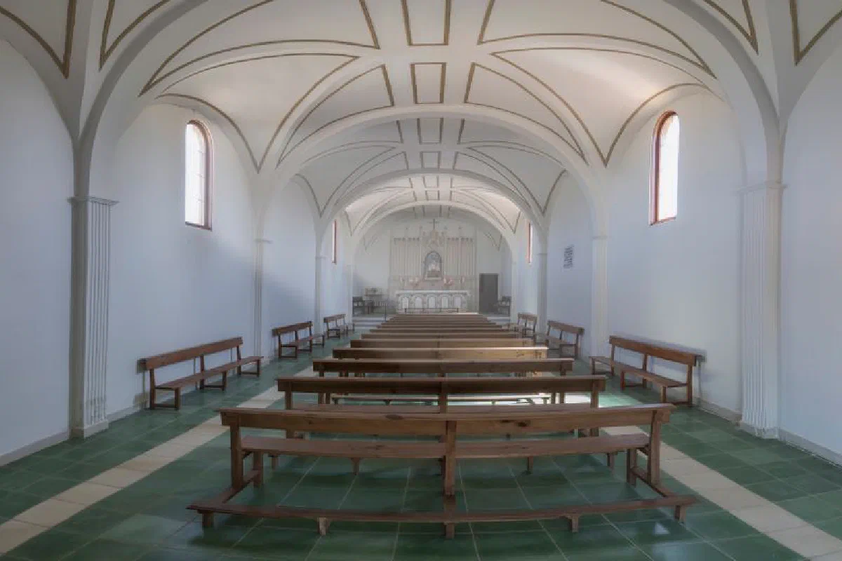 Beautiful church interior with arched ceilings and wooden pews in a serene setting.