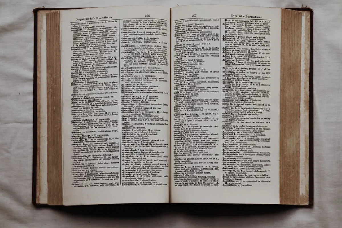 Close-up of an open dictionary showing English and Spanish translations, flat lay view.