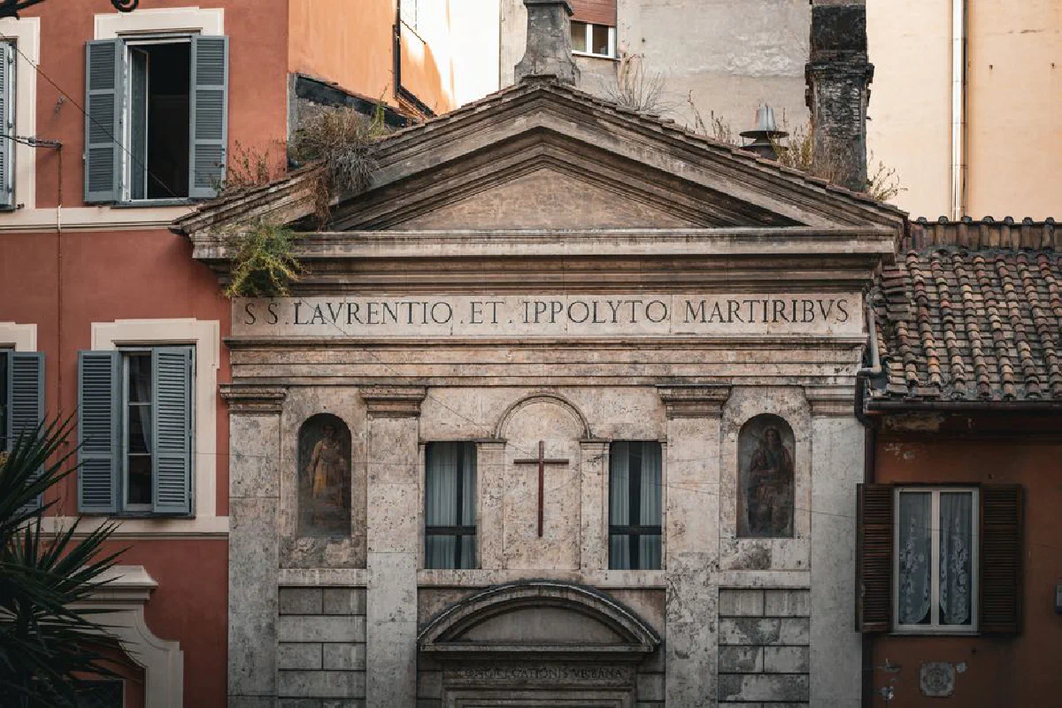 A detailed view of the San Lorenzo in Fonte church façade, located in Rome, Italy.