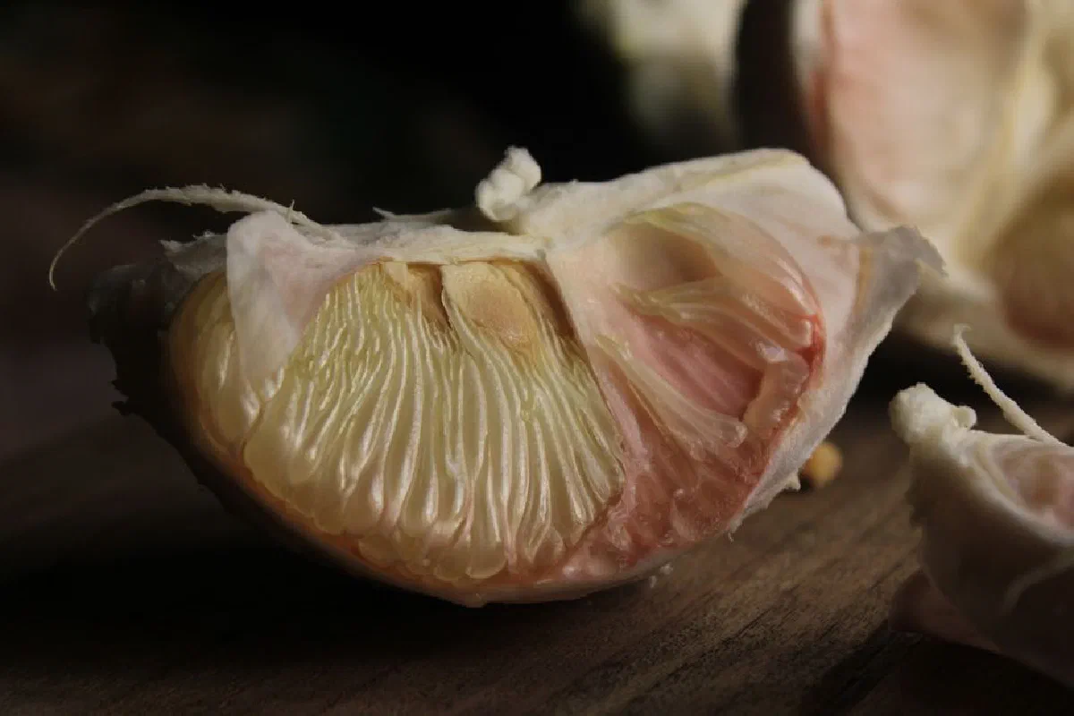 Detailed view of a pomelo segment displaying its juicy flesh and textured peel.