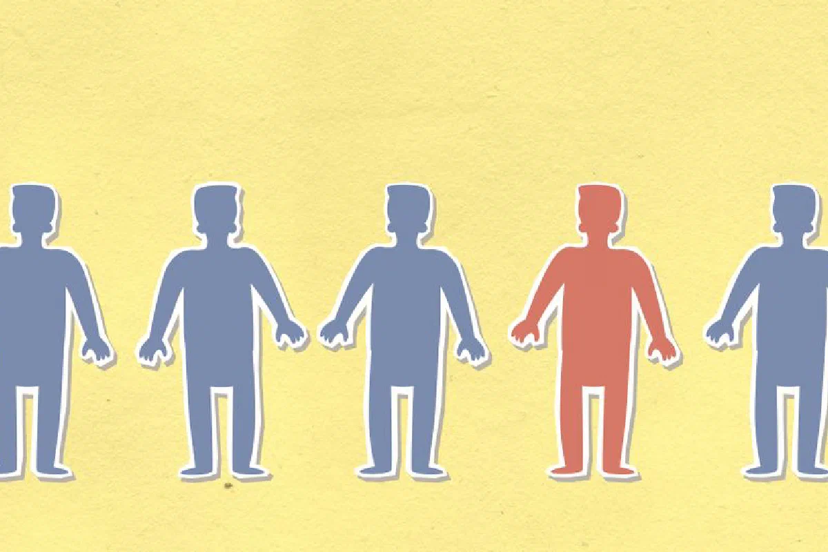 Decorative cardboard illustration of blue and red figures in row representing health and illness concept on yellow background