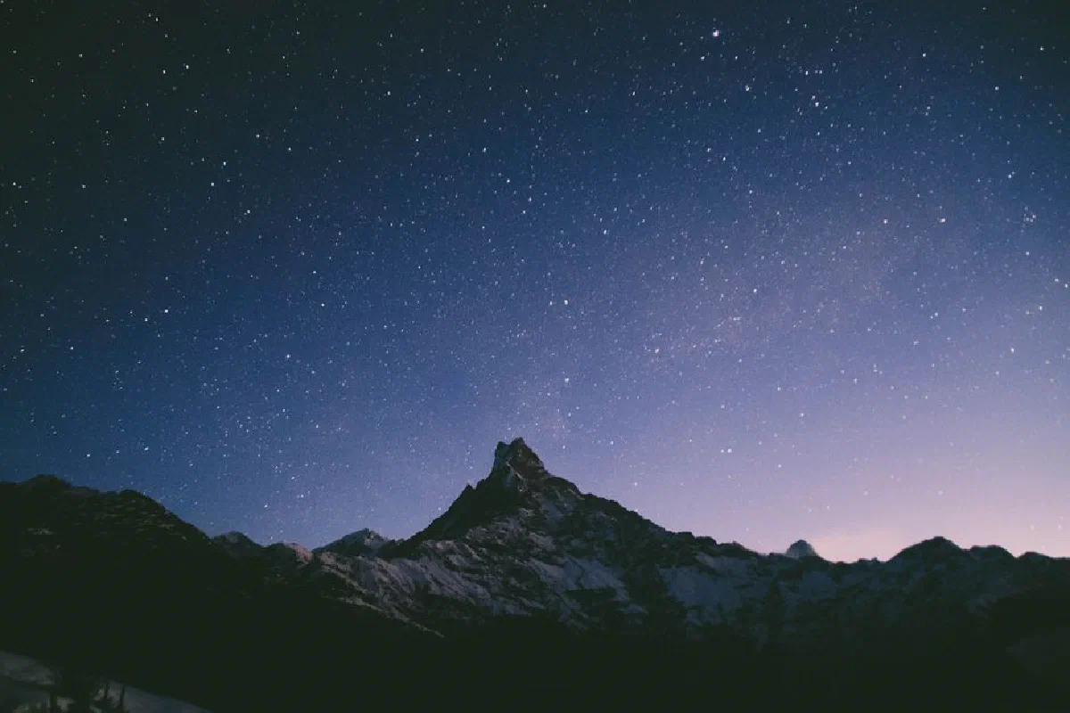 Starry night sky over snow-capped Annapurna range in Nepal's Western Development Region.