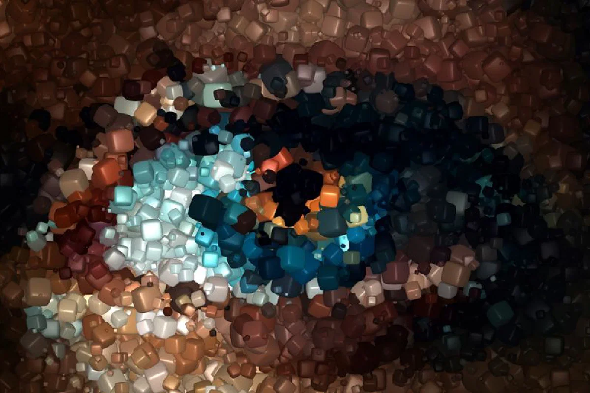Vibrant abstract mosaic pattern resembling an eye, capturing diverse colors and textures.