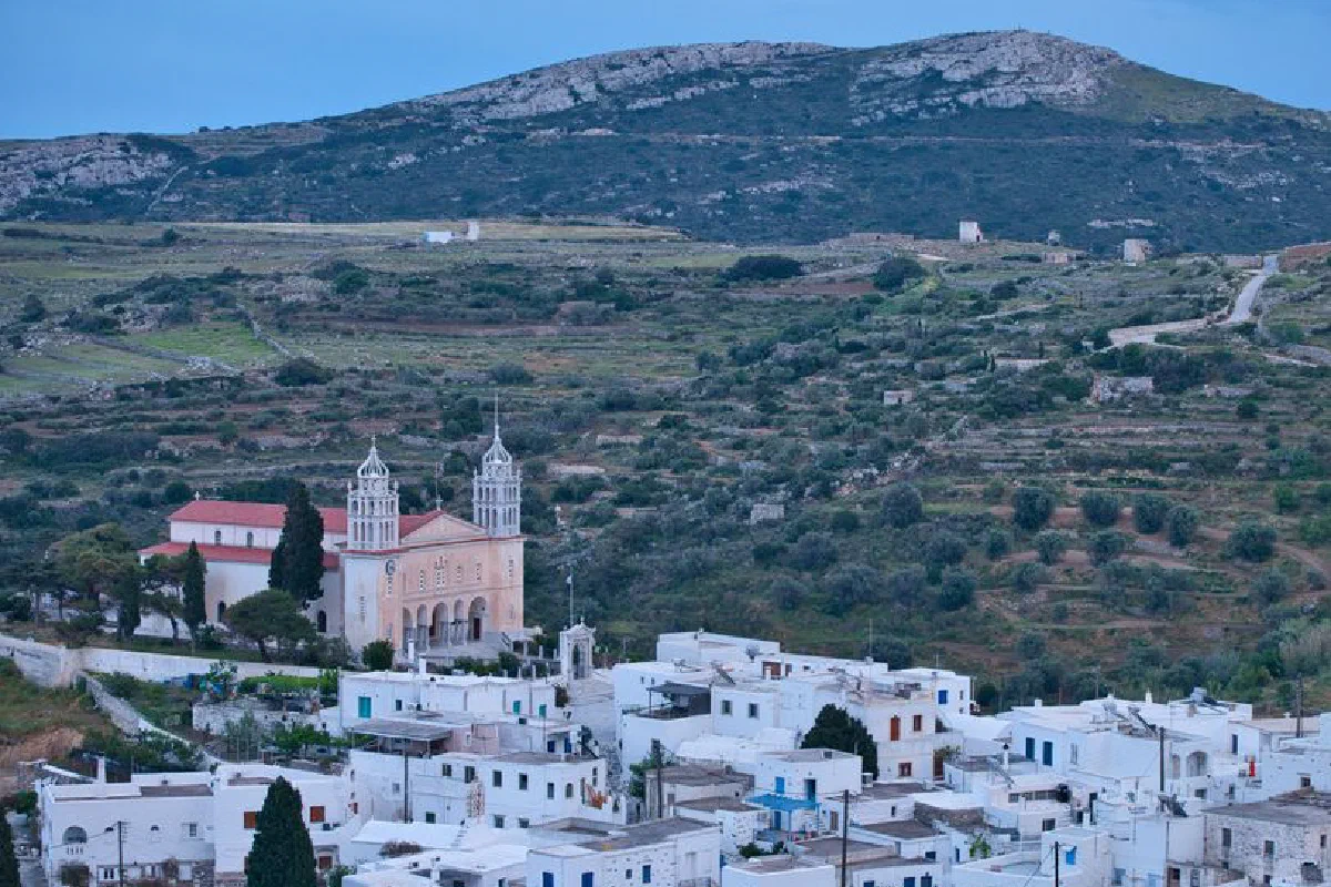 Picturesque view of the village and Church of Agia Triada in Lefkes, Paros, Greece.