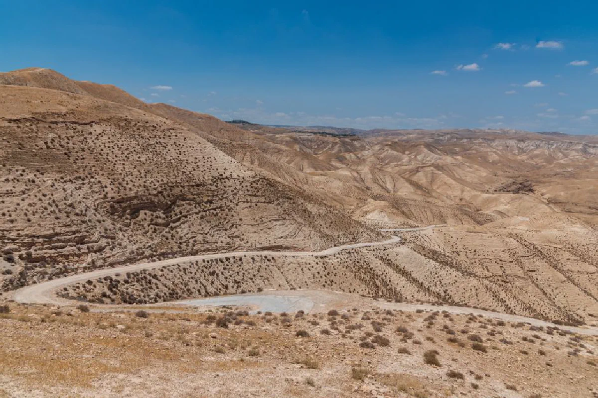 Rugged desert landscape in Israel, showcasing arid hills under a clear blue sky.