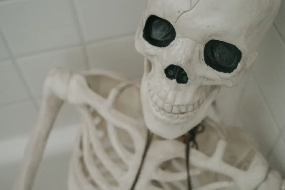 A detailed close-up of a human skeleton model against a tiled background, evoking an eerie and spooky aura.