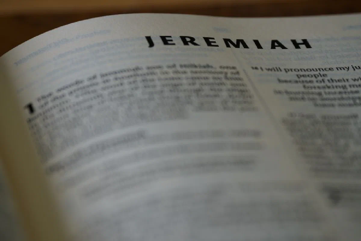 Detailed close-up of the Book of Jeremiah in the Holy Bible with text in focus.