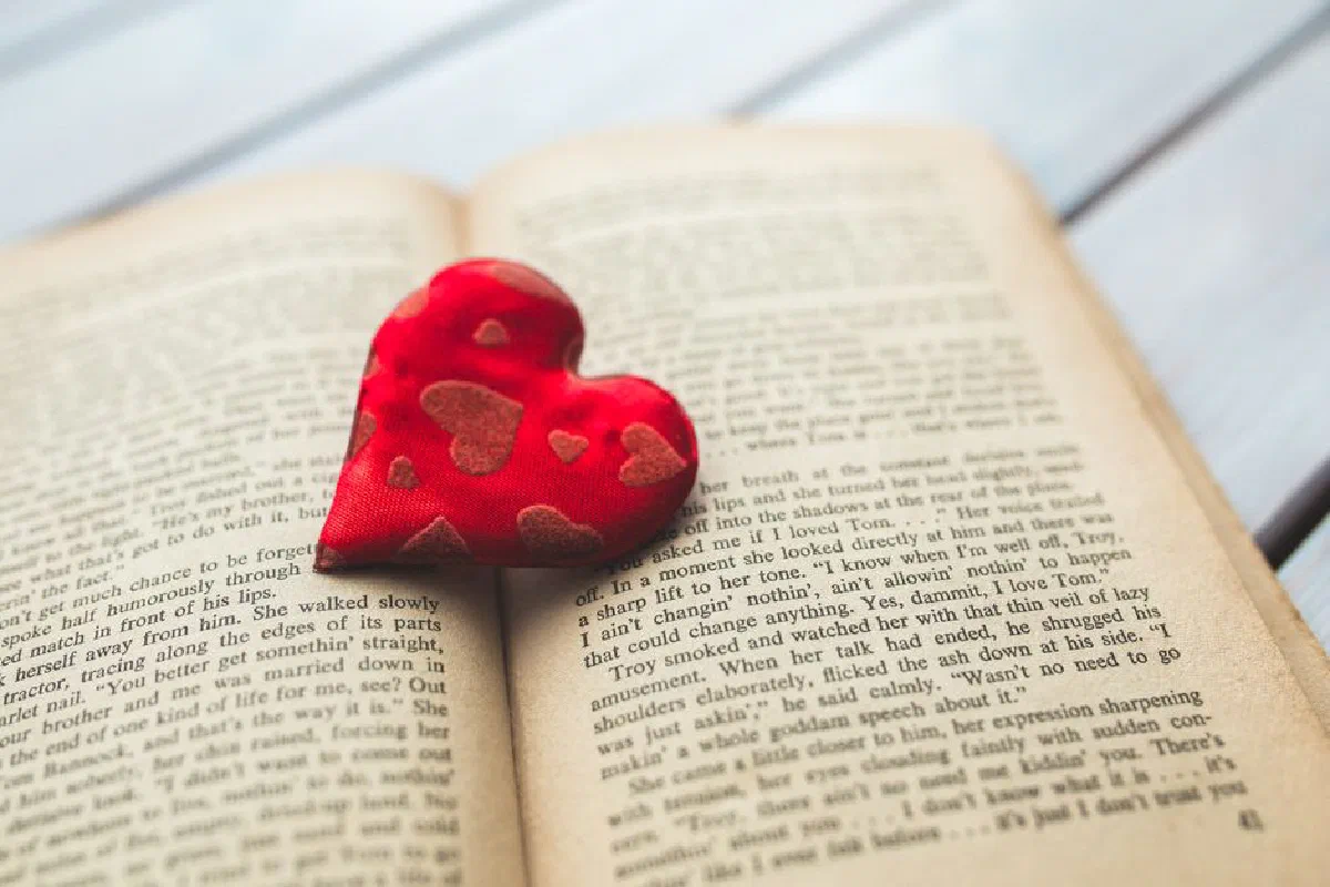 Red heart-shaped bookmark placed on an open novel, symbolizing love for literature.