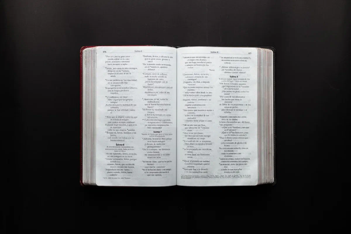 Open Bible displaying Psalms on a dark surface for study or inspiration.