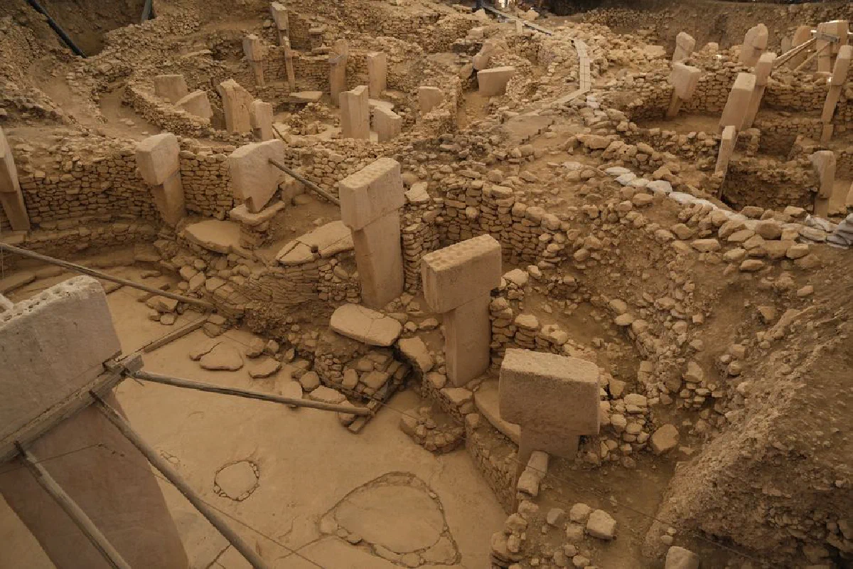 Aerial view of the ancient ruins at Gobekli Tepe, showcasing stone pillars.