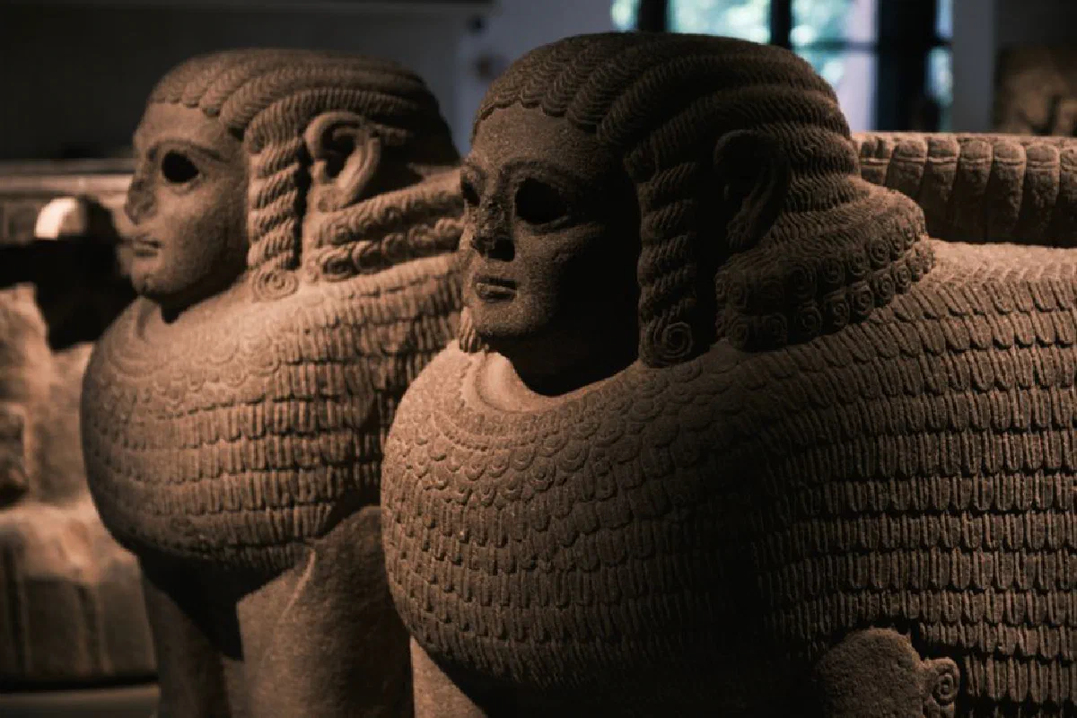 Stone sculptures on display at Istanbul's archaeological museum, showcasing historical artistry.