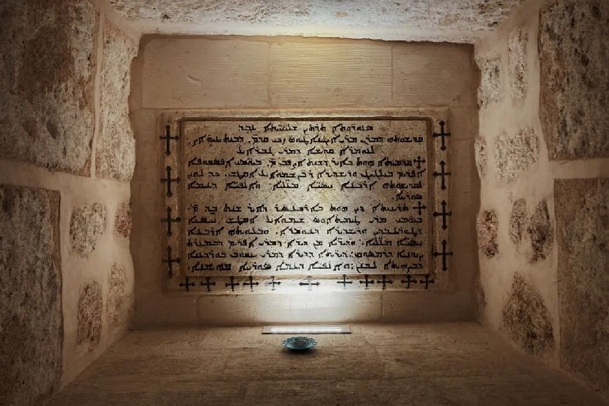 Detailed view of ancient Arabic script on a stone wall, illuminated in a museum setting.