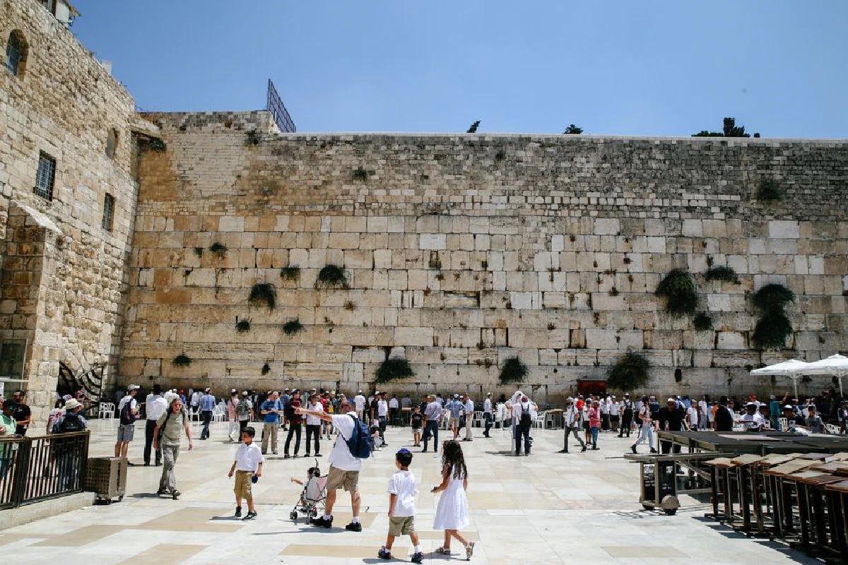 A bustling scene at the Western Wall in Jerusalem, showcasing visitors and tourists at this iconic religious landmark.