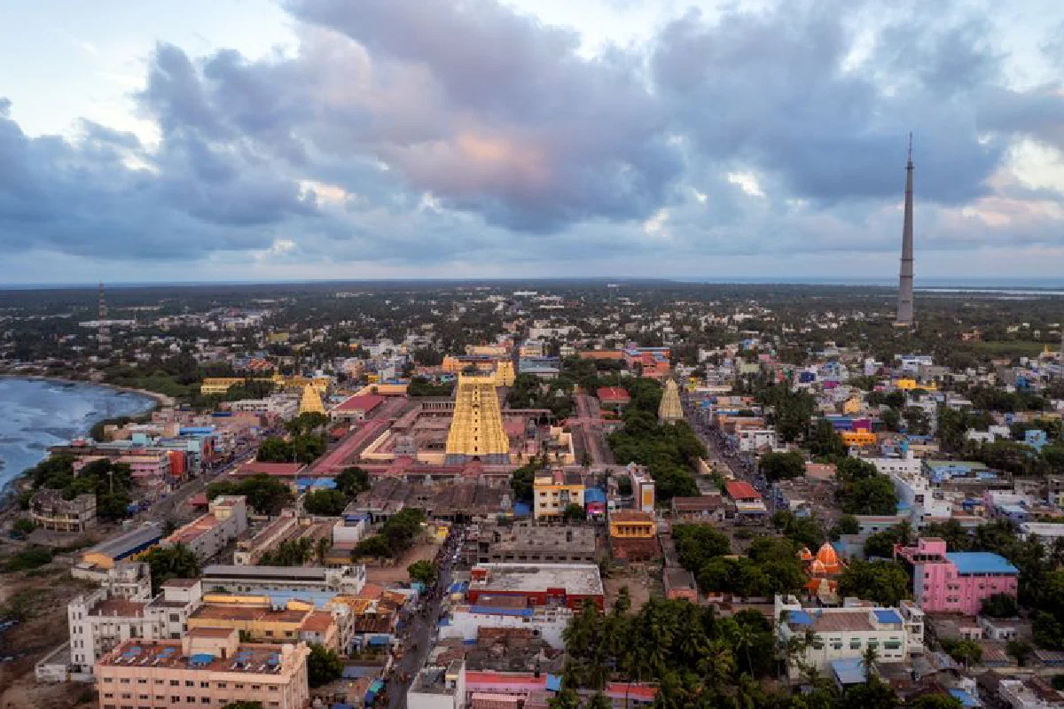 Stunning aerial view of Rameswaram, TN, India, showcasing iconic temple and vibrant townscape.