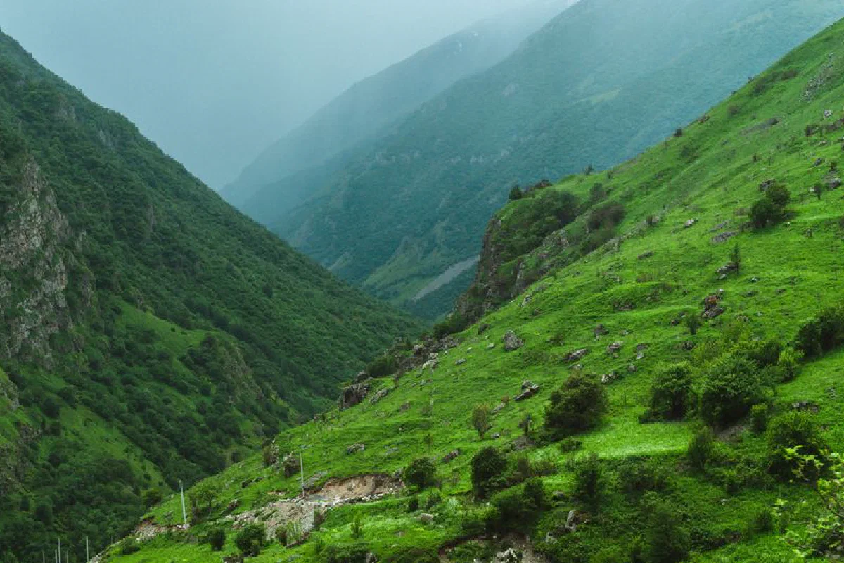 Explore the misty green valleys of North Ossetia, a serene and picturesque landscape in Russia.