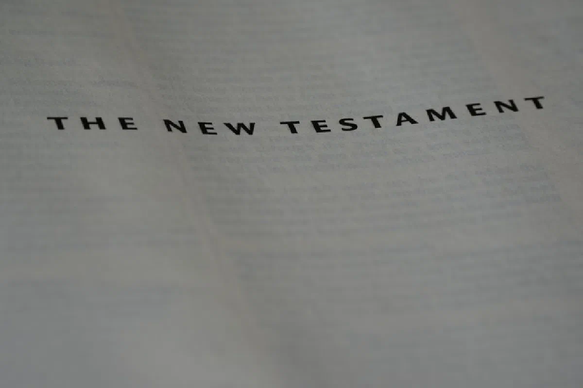 Photography of the New Testament title page in a Bible with clear focus.