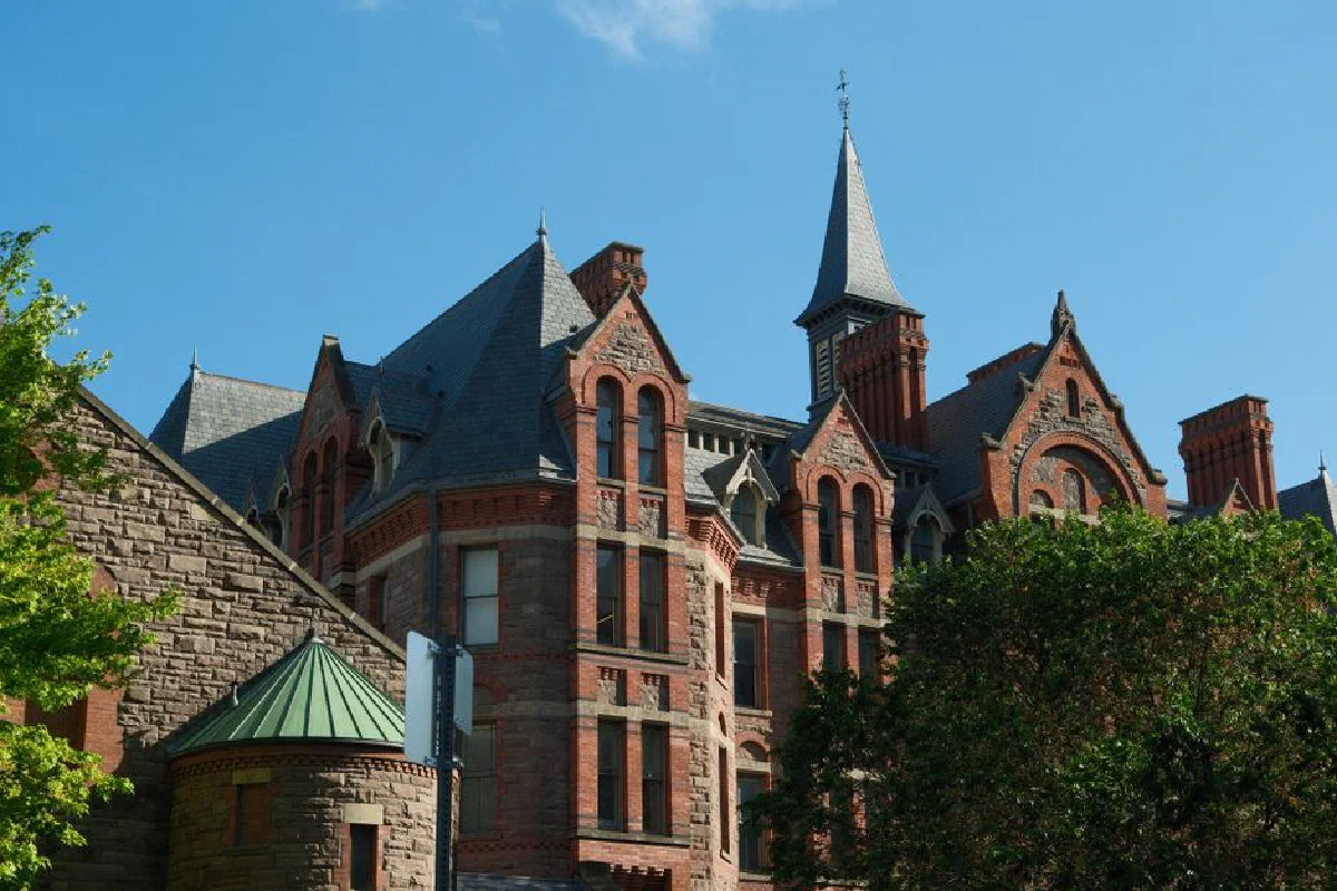 Capture of Gothic Revival architecture in downtown Toronto on a sunny day.