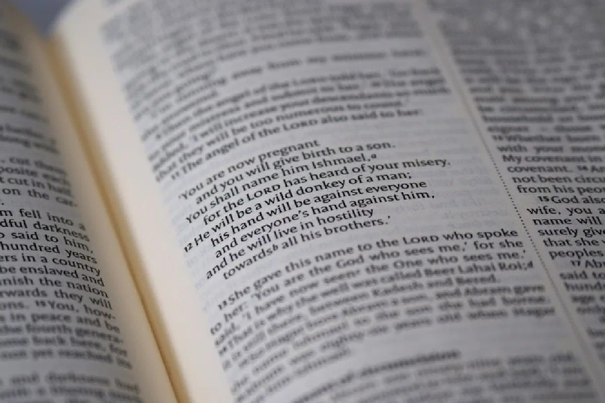 Detailed macro shot of an open Bible showing scripture text and paragraphs.