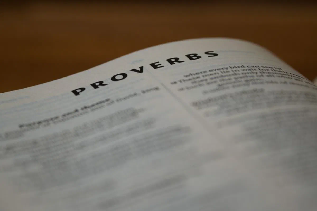 Detailed view of the Book of Proverbs page with blurred scripture.