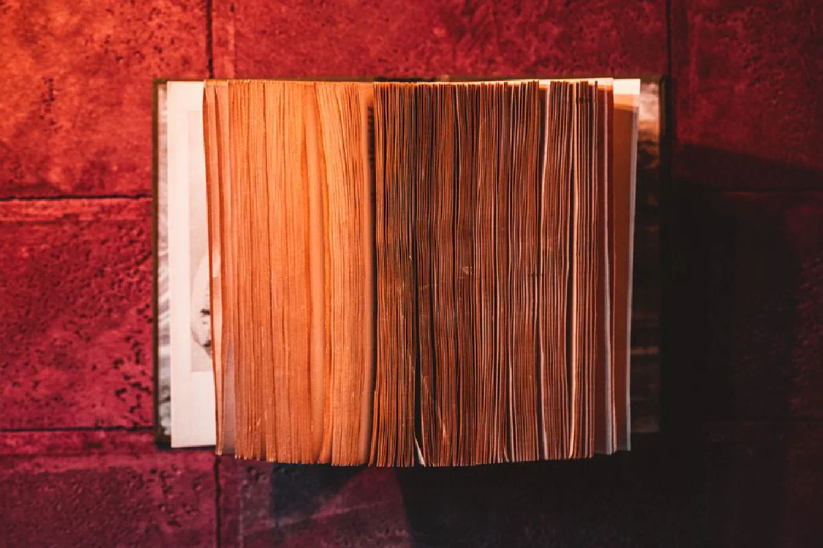 A vintage open book with textured pages against a dark red textured background.