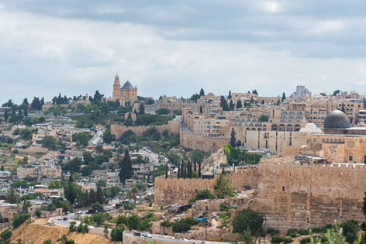 A stunning panoramic view of the ancient cityscape of Jerusalem, Israel.