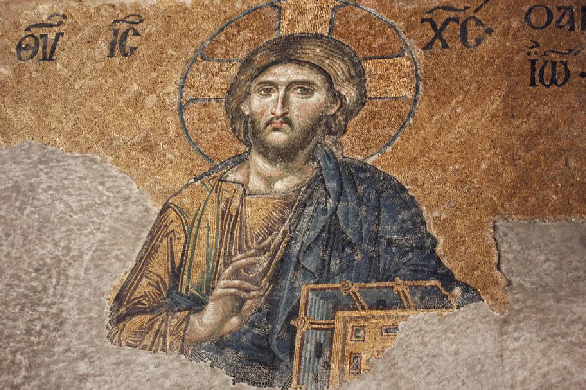 Historic Byzantine mosaic depicting Christ in Hagia Sophia, Trabzon.