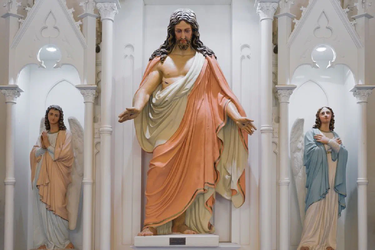 A stunning altar with statues of Jesus and angels in a church setting, Berlin, Wisconsin.
