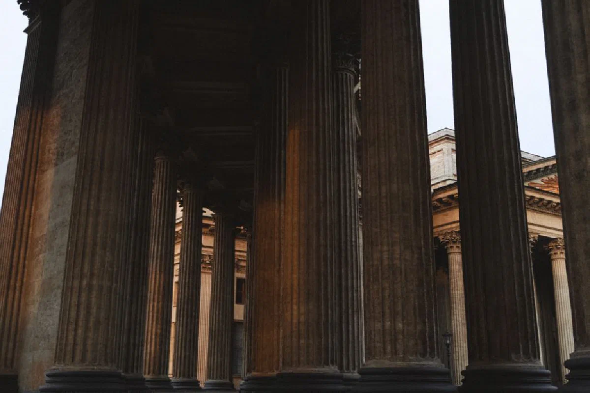 Dramatic view of large classical colonnade in St. Petersburg, Russia.