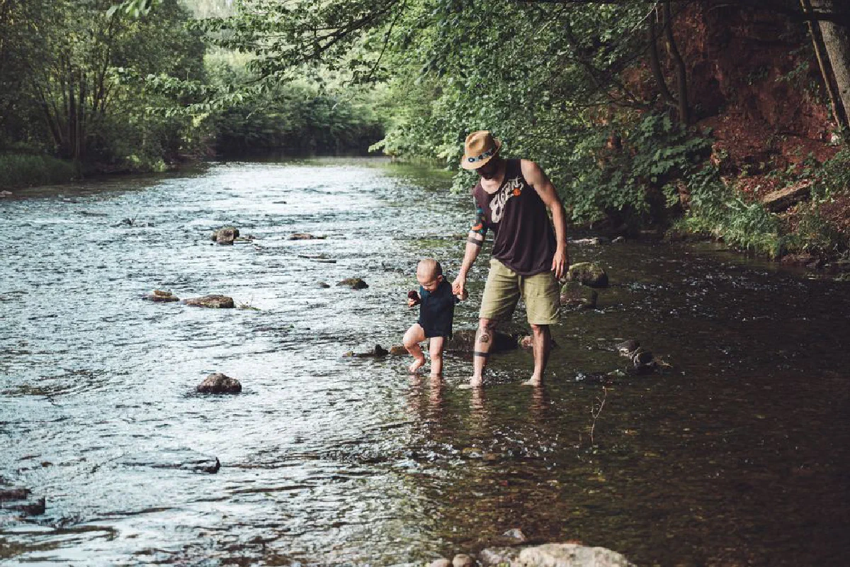 A warm moment of a father and child walking in a tranquil river surrounded by nature.