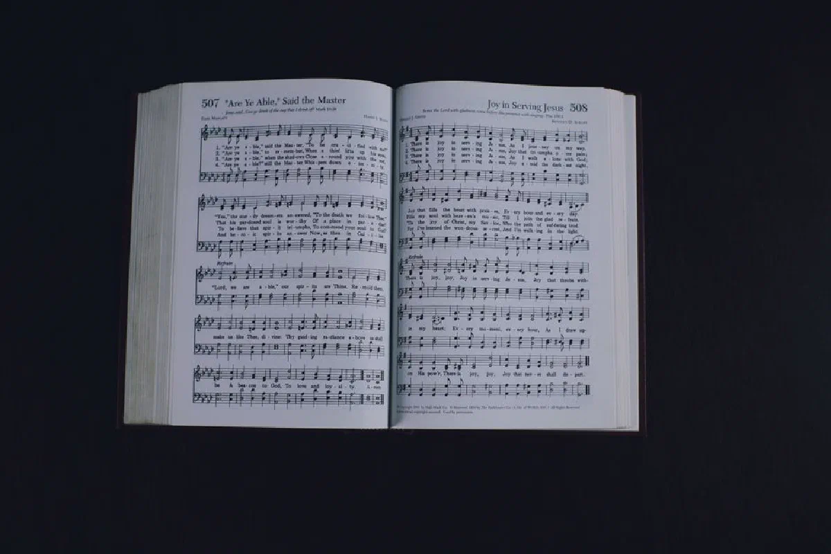 From above of pages of opened book with music notes placed on black background