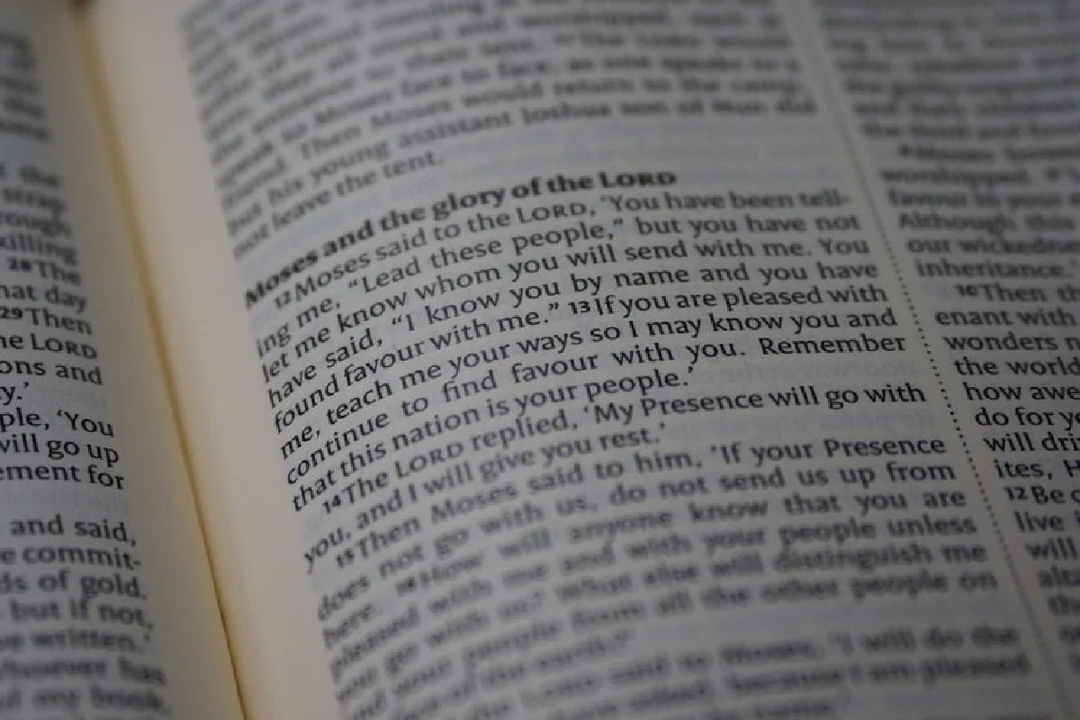 A detailed view of a Bible page, highlighting religious scripture.