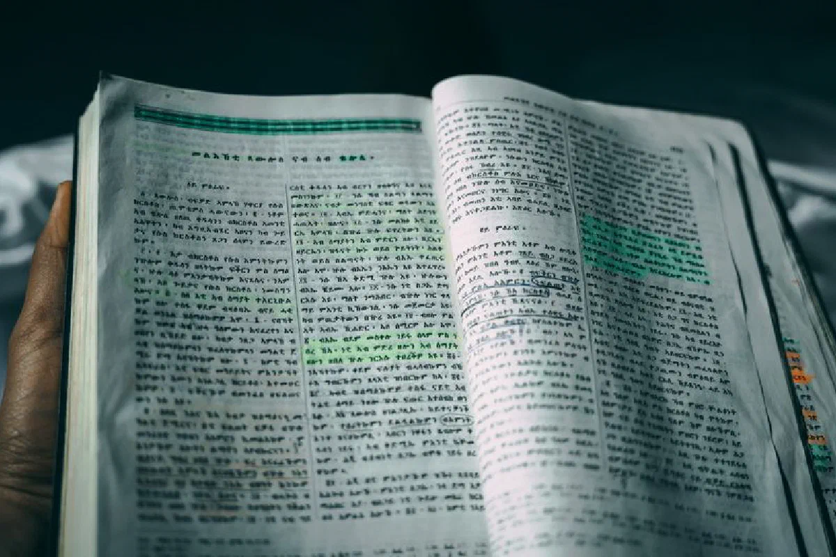 Open Bible with highlighted text, focusing on spiritual reading and study.