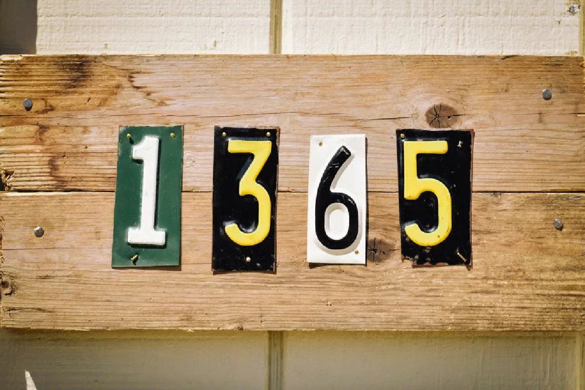 Rustic wooden house number sign with colorful digits 1365 on weathered planks, outdoors.