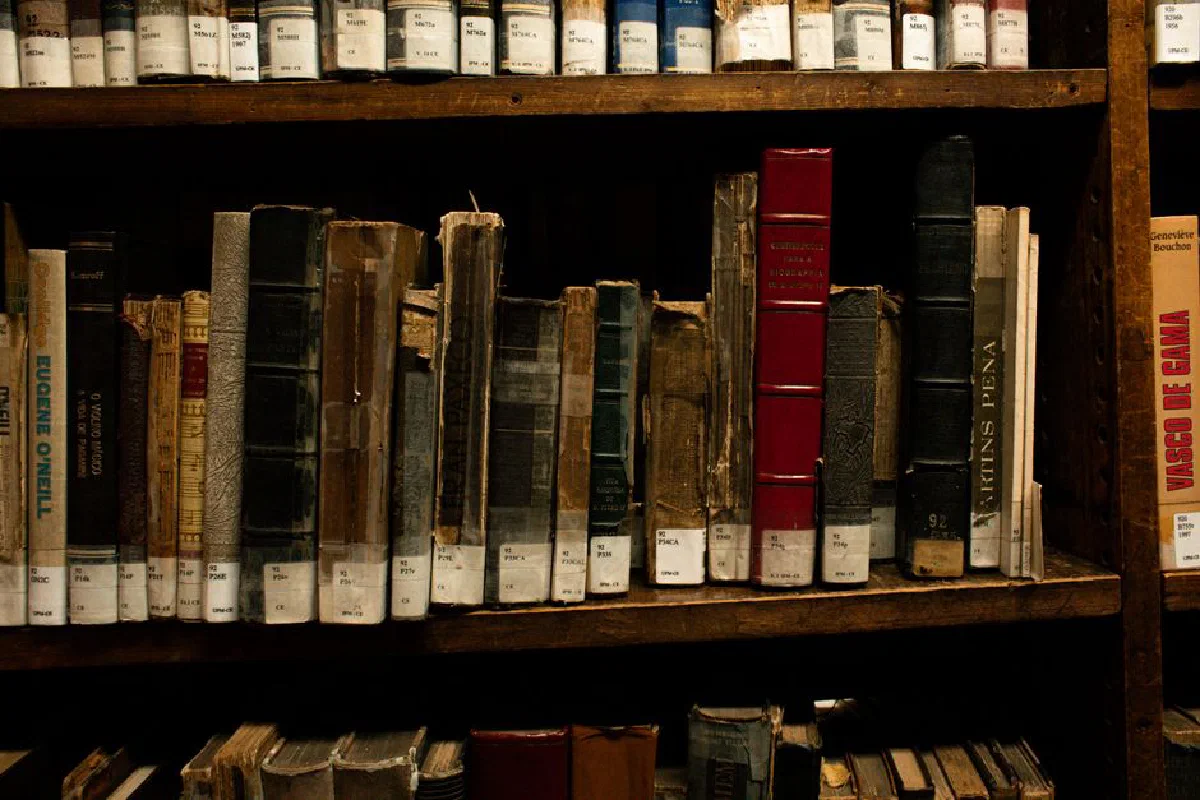 Old and rare books on wooden shelves in a São Paulo library, showcasing classic literature and history.
