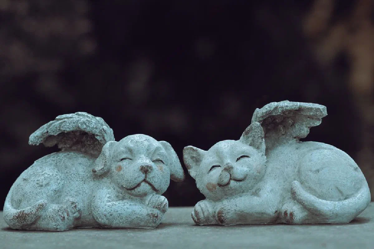 Stone cat and dog with wings add whimsical charm to any garden decor.