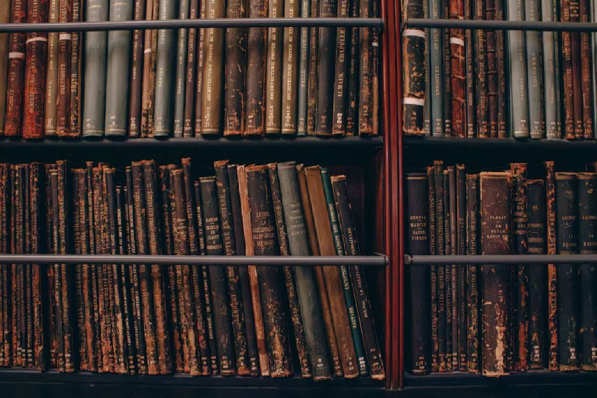 A collection of aged, classic books lined up on wooden shelves, evoking a vintage aesthetic.