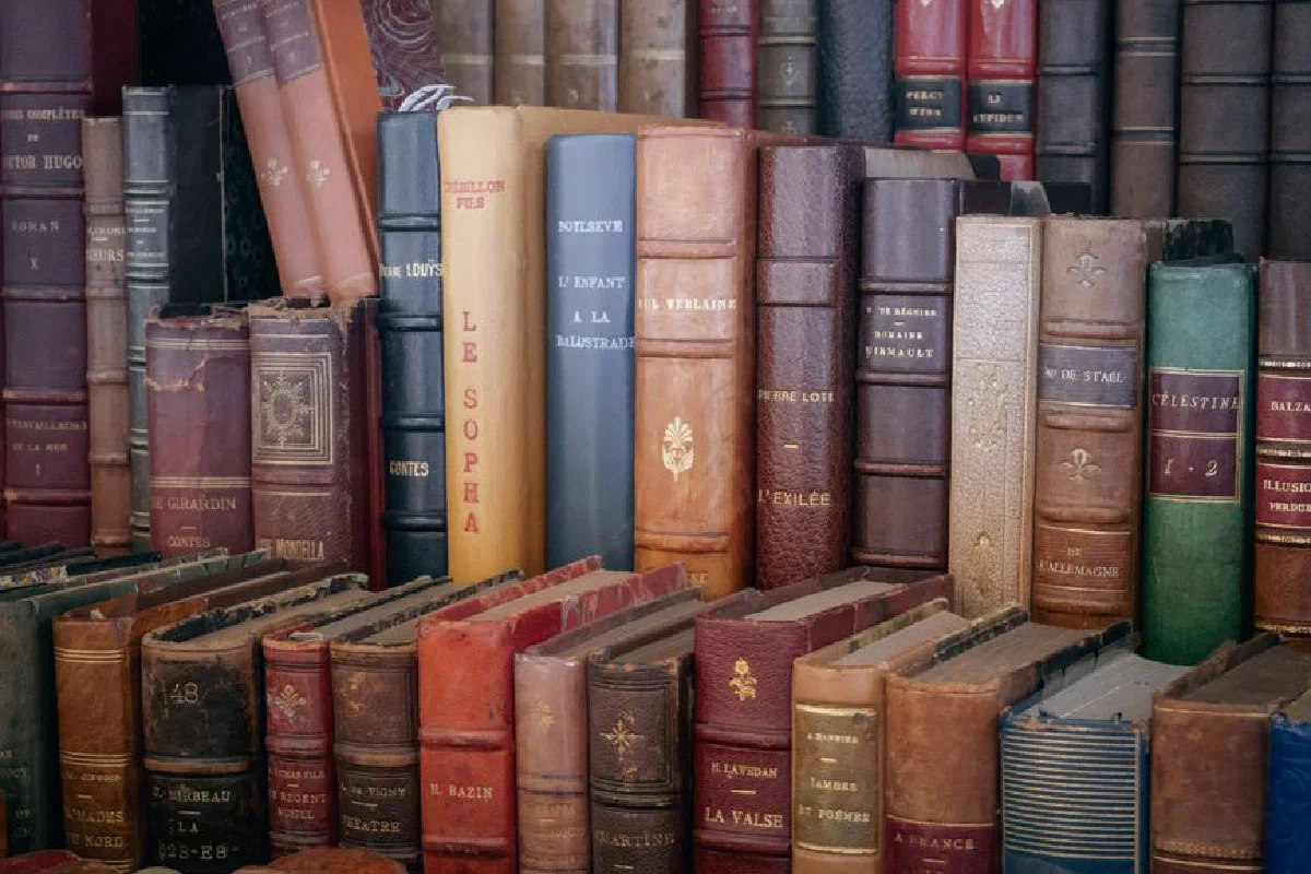 Explore a diverse collection of vintage leather-bound books featuring various titles and classic designs.