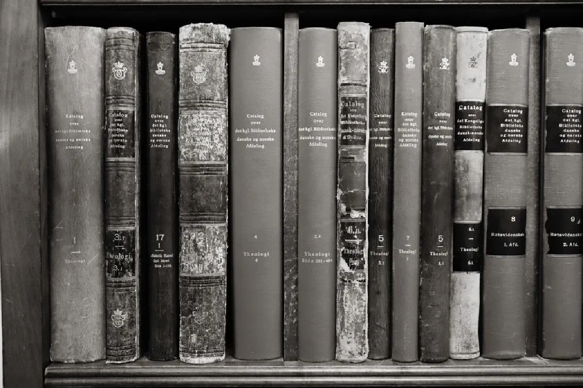 A collection of vintage books on a shelf, showcasing classic literature and history in a library setting.