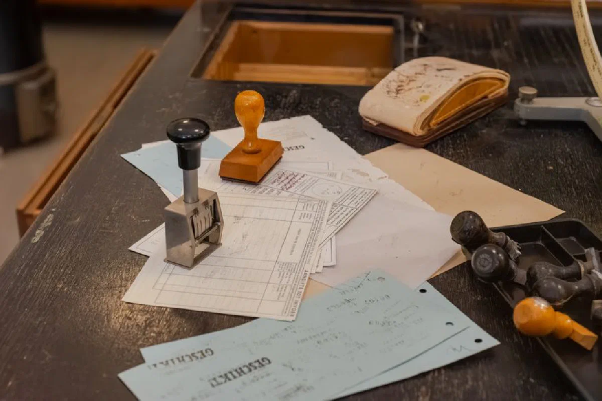 Cluttered desk with office stamps on top of various documents in an office setting.