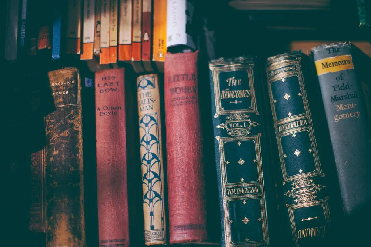 Close-up of a vintage book collection on a wooden shelf, showcasing classic literature.